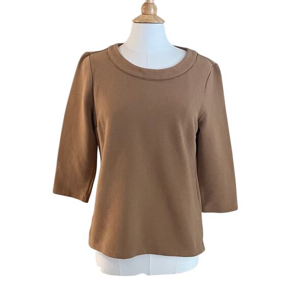 Talbots Cotton Blend Camel/Tan 3/4 Sleeve Textured Pullover Round Neck Top, M - Picture 1 of 12